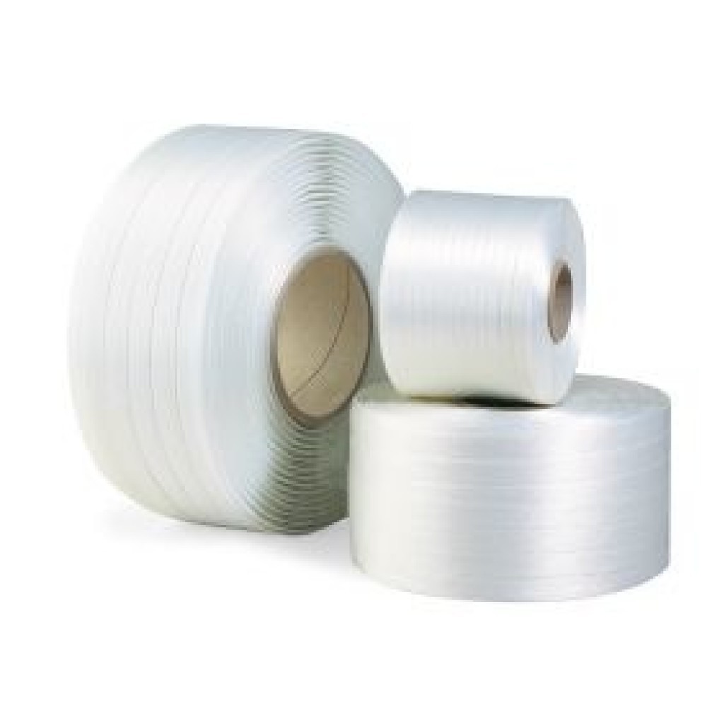 Produktabbildung: Umreifungsband aus Polyester, fadenverstärkt, 16 mm x 850 lfm., Kern-Ø 76 mm, Reißfestigkeit 450 kp, weiß