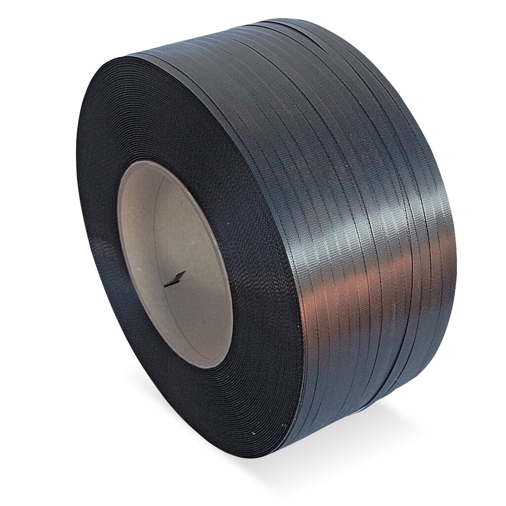 Produktabbildung: Umreifungsband aus PP, gewaffelt/geprägt, 12 mm x 3.000 lfm., Kern-Ø 200 mm, Stärke 0,65 mm, schwarz