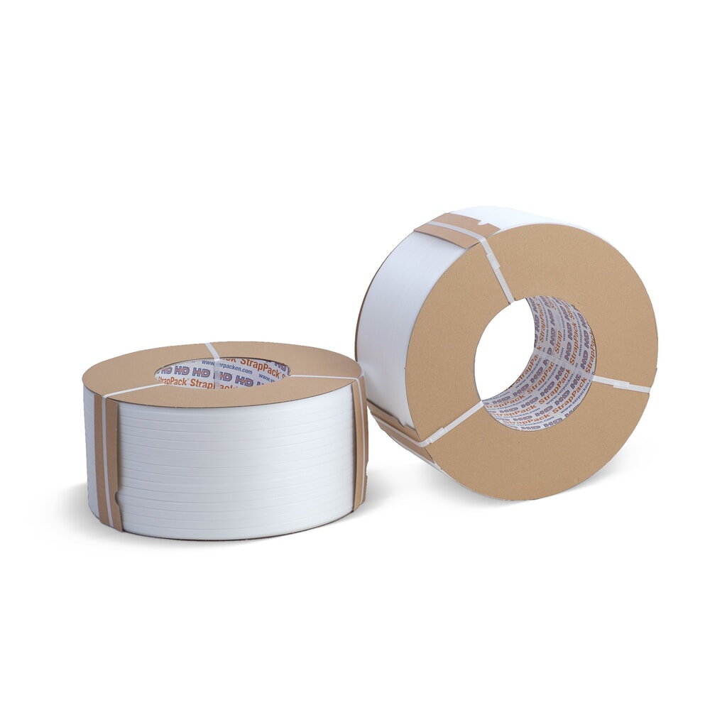 Umreifungsband aus PP, 9 mm x 500 lfm., Kern-Ø 62 mm, Stärke 0,45 mm, weiß Produktabbildung: Umreifungsband aus PP, 9 mm x 500 lfm., Kern-Ø 62 mm, Stärke 0,45 mm, weiß