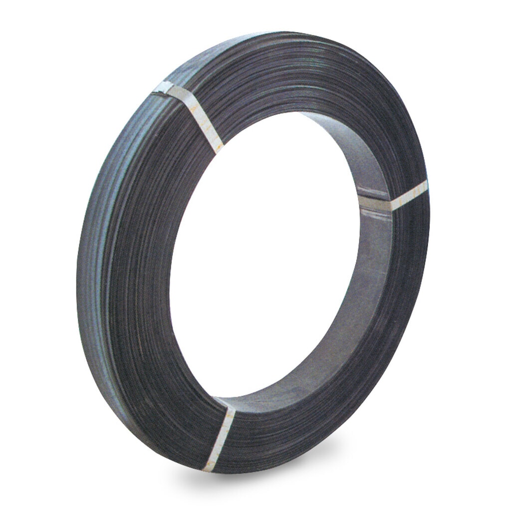 Produktabbildung: Stahlband, schwarz lackiert, mehrlagig, 19 mm x 650 lfm., Kern-Ø 406 mm, Stärke 0,50 mm, schwarz