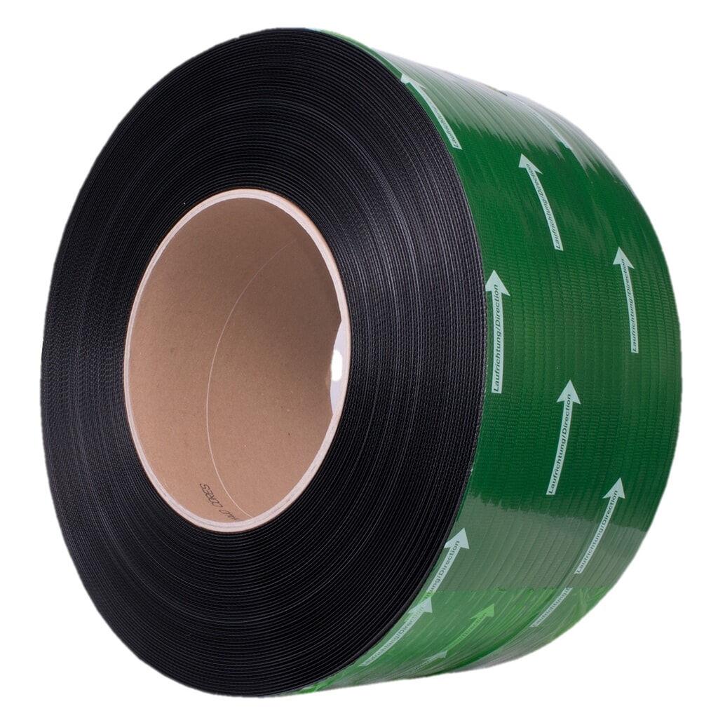 Umreifungsband PREMIUM aus PP in Automatenqualität, 12 mm x 3.000 lfm., Kern-Ø 200 mm, Stärke 0,55 mm, schwarz Produktabbildung: Umreifungsband PREMIUM aus PP in Automatenqualität, 12 mm x 3.000 lfm., Kern-Ø 200 mm, Stärke 0,55 mm, schwarz