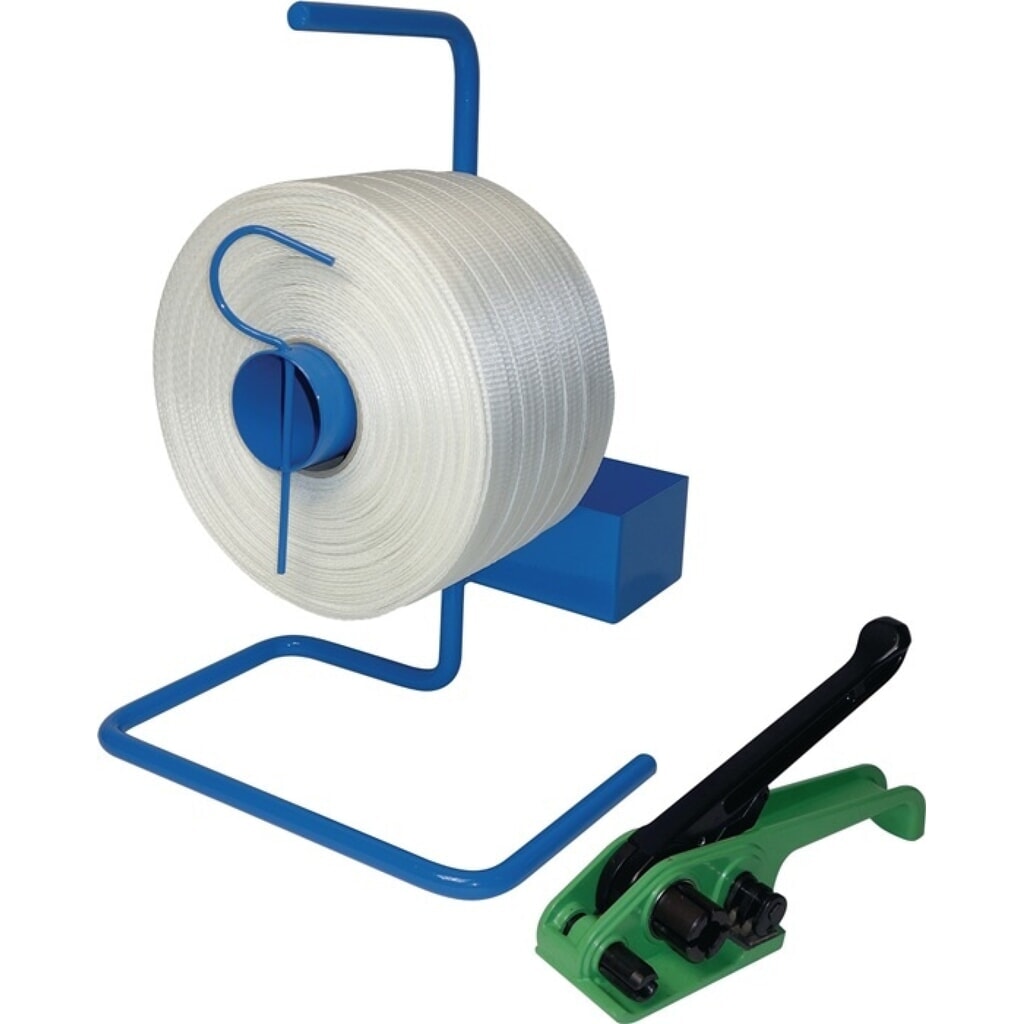 Umreifungsset, Bandabroller tragbar, Polyesterband 13mm Einhebelspanngerät Produktabbildung: Umreifungsset, Bandabroller tragbar, Polyesterband 13mm Einhebelspanngerät