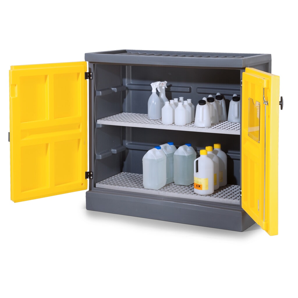 Produktabbildung: Denios Chemikalienschrank aus PE, HxBxT 1.130 x 1.225 x 640 mm, 2 Edelstahl-Gitterroste