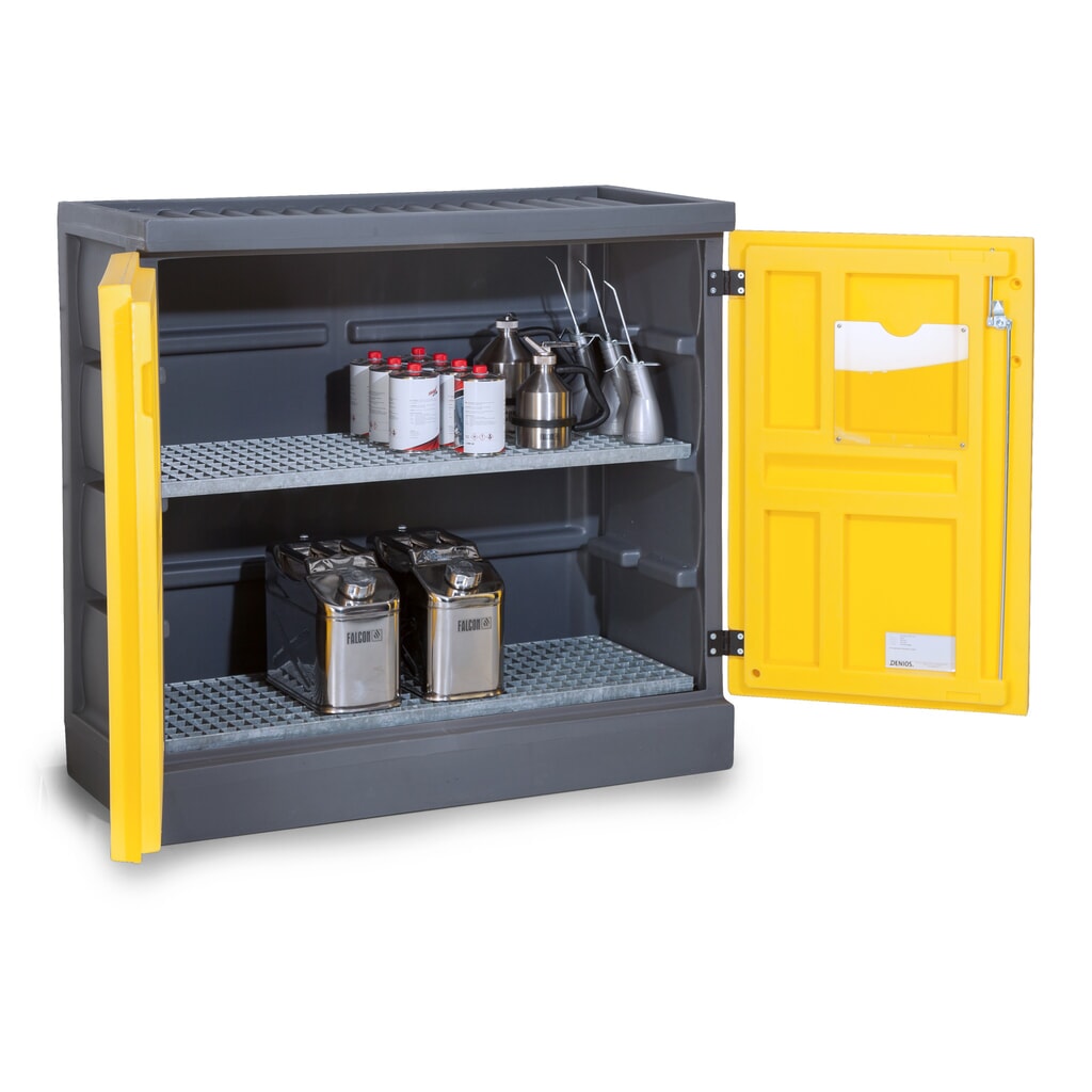 Produktabbildung: Denios Chemikalienschrank aus PE, HxBxT 1.130 x 1.225 x 640 mm, 2 Gitterroste, verzinkt