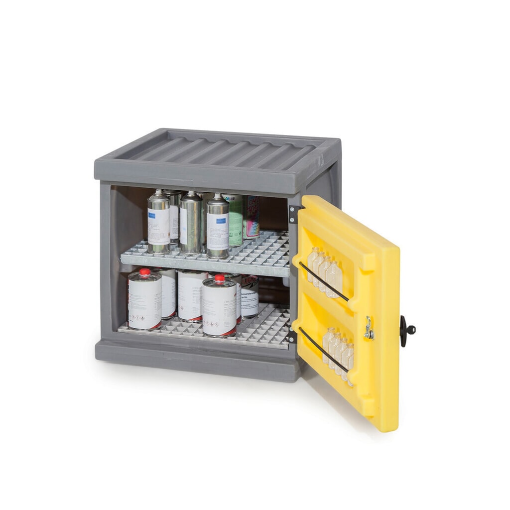 Denios Chemikalienschrank PolyStore Mini, HxBxT 600 x 610 x 640 mm, 2 Gitterroste verzinkt Produktabbildung: Denios Chemikalienschrank PolyStore Mini, HxBxT 600 x 610 x 640 mm, 2 Gitterroste verzinkt