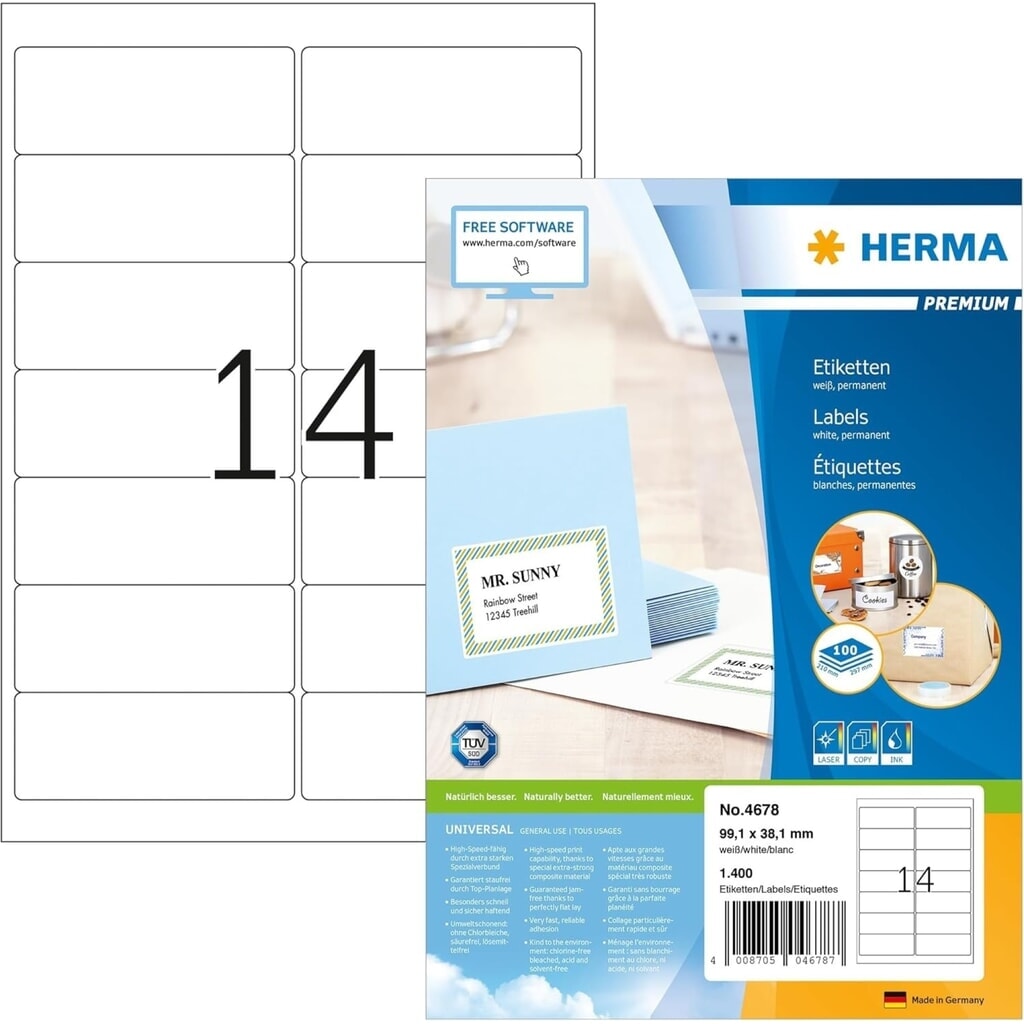 HERMA Superprint-Etiketten 4678 99,1x38,1mm weiß 1.400 St./Pack Produktabbildung: HERMA Superprint-Etiketten 4678 99,1x38,1mm weiß 1.400 St./Pack