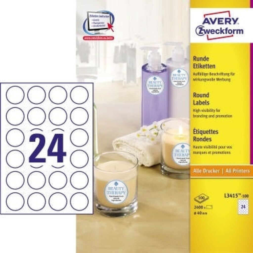 Avery Zweckform Etikett L3415-100 40mm weiß 2.400 St./Pack. Produktabbildung: Avery Zweckform Etikett L3415-100 40mm weiß 2.400 St./Pack.
