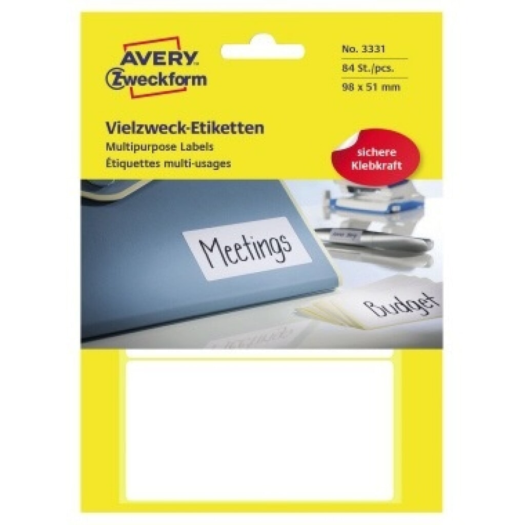 Avery Zweckform Vielzwecketikett 3331 98x51mm weiß 84 St./Pack. Produktabbildung: Avery Zweckform Vielzwecketikett 3331 98x51mm weiß 84 St./Pack.