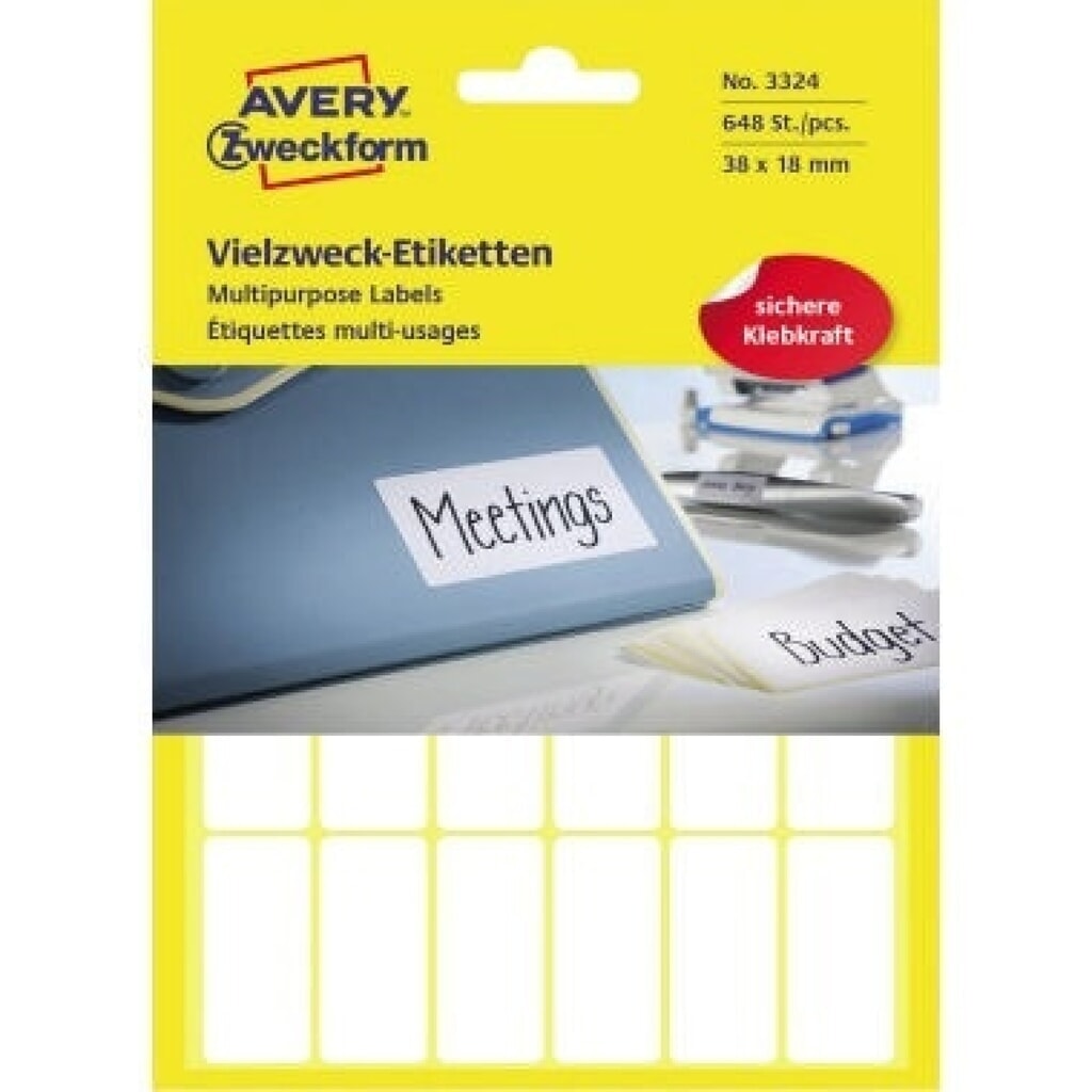 Avery Zweckform Vielzwecketikett 3324 38x18mm weiß 648 St./Pack. Produktabbildung: Avery Zweckform Vielzwecketikett 3324 38x18mm weiß 648 St./Pack.