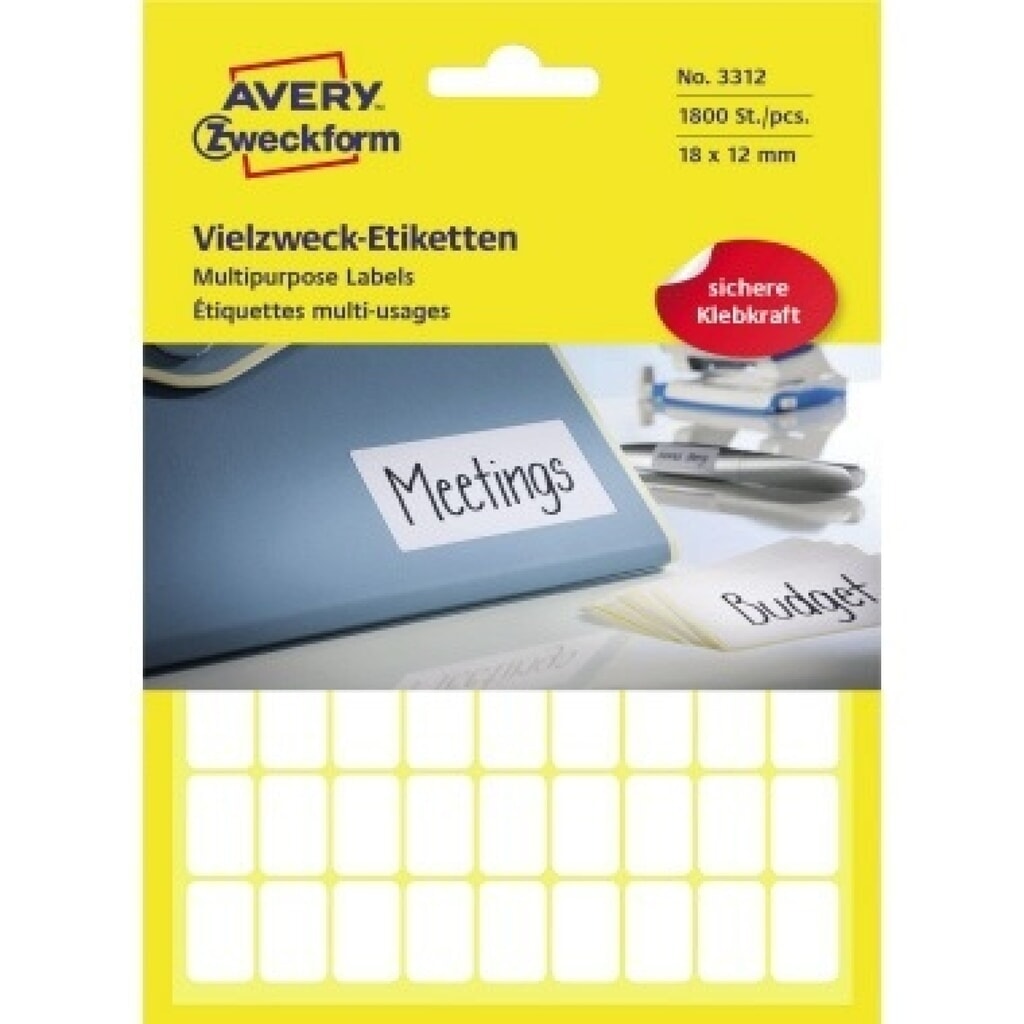 Avery Zweckform Vielzwecketikett 3312 18x12mm weiß 1.800 St./Pack. Produktabbildung: Avery Zweckform Vielzwecketikett 3312 18x12mm weiß 1.800 St./Pack.