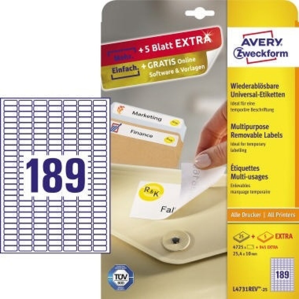 Avery Zweckform Etikett L4731REV-25 25,4x10mm weiß 4.725 St./Pack. Produktabbildung: Avery Zweckform Etikett L4731REV-25 25,4x10mm weiß 4.725 St./Pack.