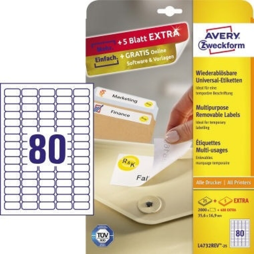 Avery Zweckform Etikett L4732REV-25 35,6x16,9mm weiß 2.000 St./Pack. Produktabbildung: Avery Zweckform Etikett L4732REV-25 35,6x16,9mm weiß 2.000 St./Pack.