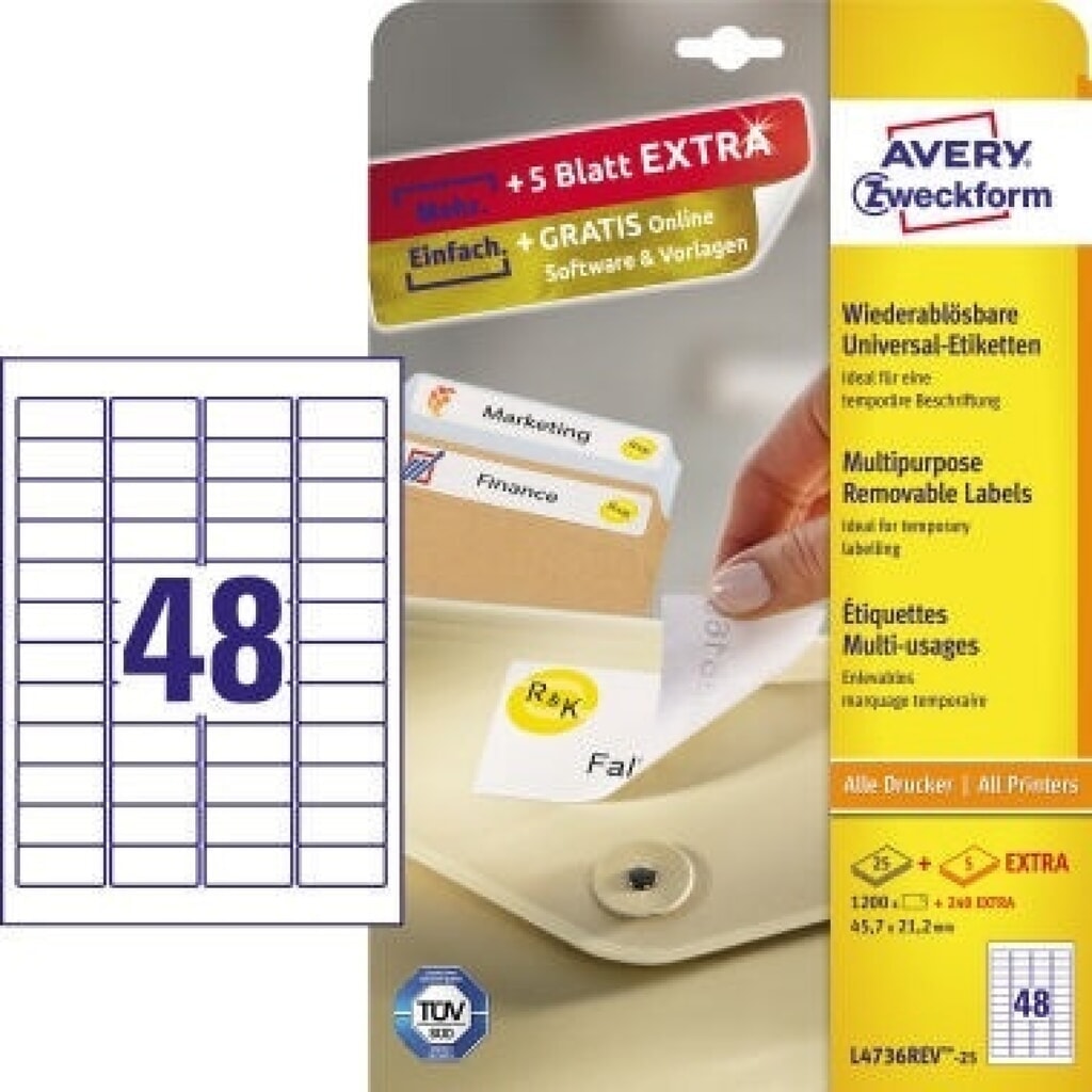 Produktabbildung: Avery Zweckform Etikett L4736REV-25 45,7x21,2mm weiß 1.200 St./Pack.