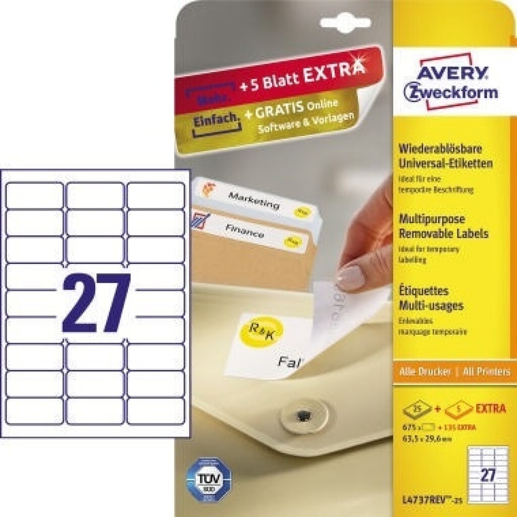 Produktabbildung: Avery Zweckform Etikett L4737REV-25 63,5x29,6mm weiß 675 St./Pack.