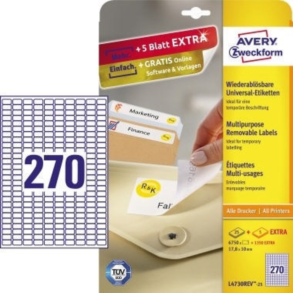 Avery Zweckform Etikett L4730REV-25 17,8x10mm weiß 6.750 St./Pack. Produktabbildung: Avery Zweckform Etikett L4730REV-25 17,8x10mm weiß 6.750 St./Pack.
