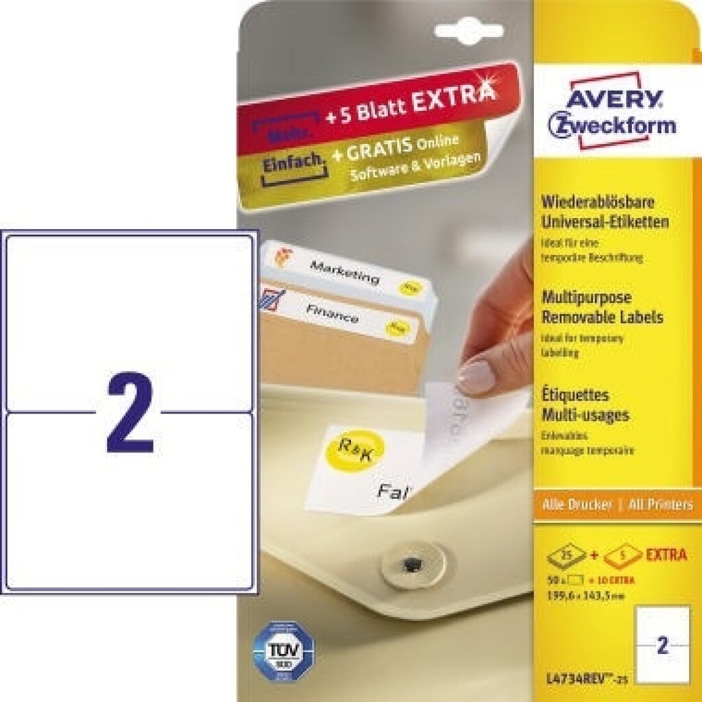 Avery Zweckform Etikett L4734REV-25 199,6x143,5mm weiß 50 St./Pack. Produktabbildung: Avery Zweckform Etikett L4734REV-25 199,6x143,5mm weiß 50 St./Pack.