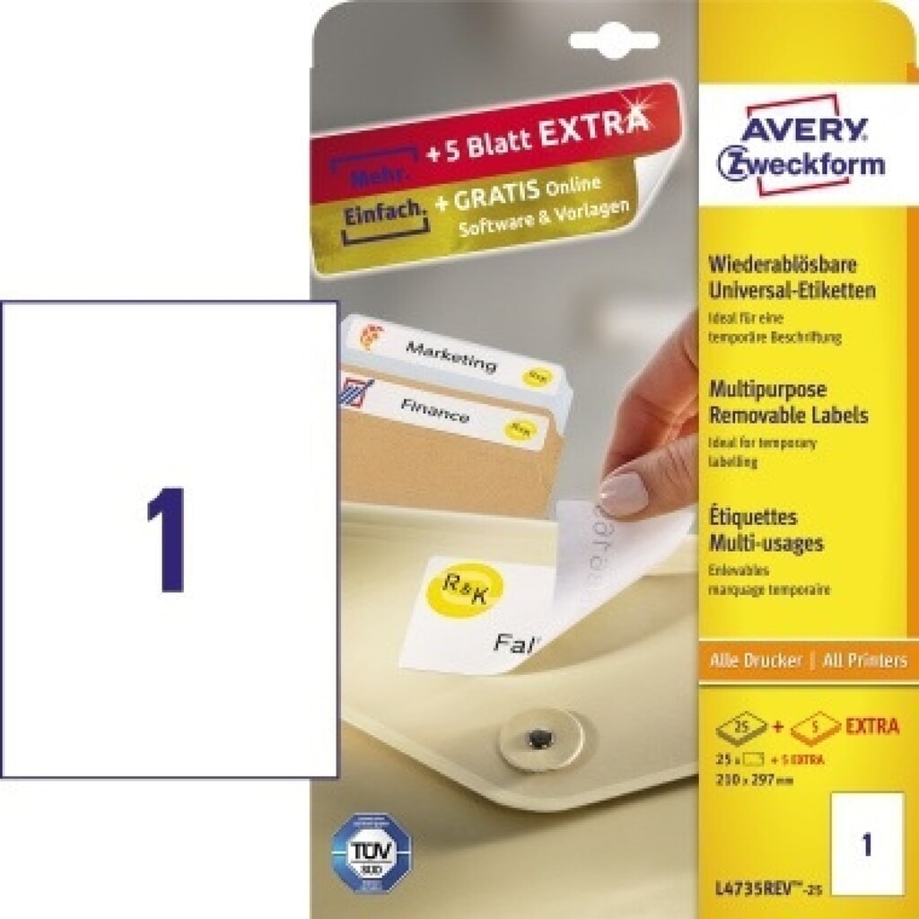 Avery Zweckform Etikett L4735REV-25 210x297mm weiß 25 St./Pack. Produktabbildung: Avery Zweckform Etikett L4735REV-25 210x297mm weiß 25 St./Pack.