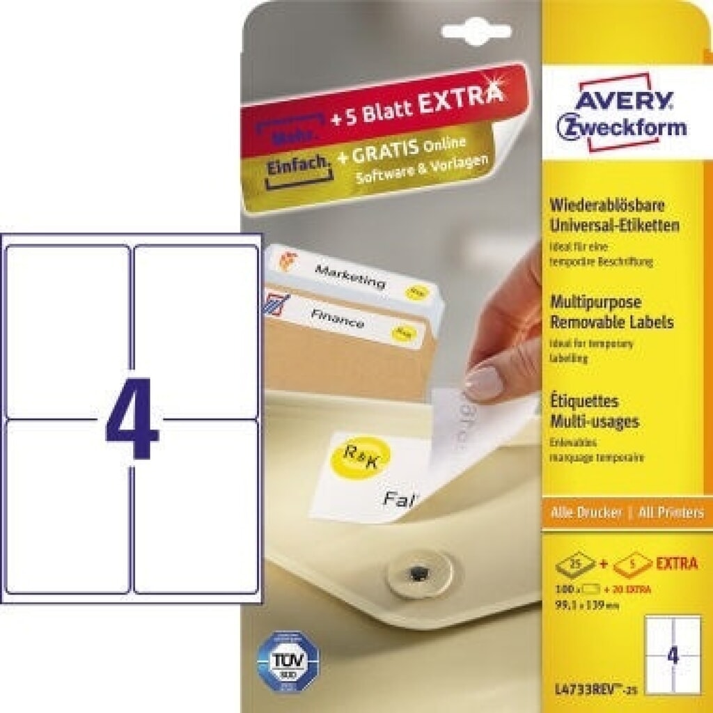 Produktabbildung: Avery Zweckform Etikett L4733REV-25 99,1x139mm weiß 100 St./Pack.