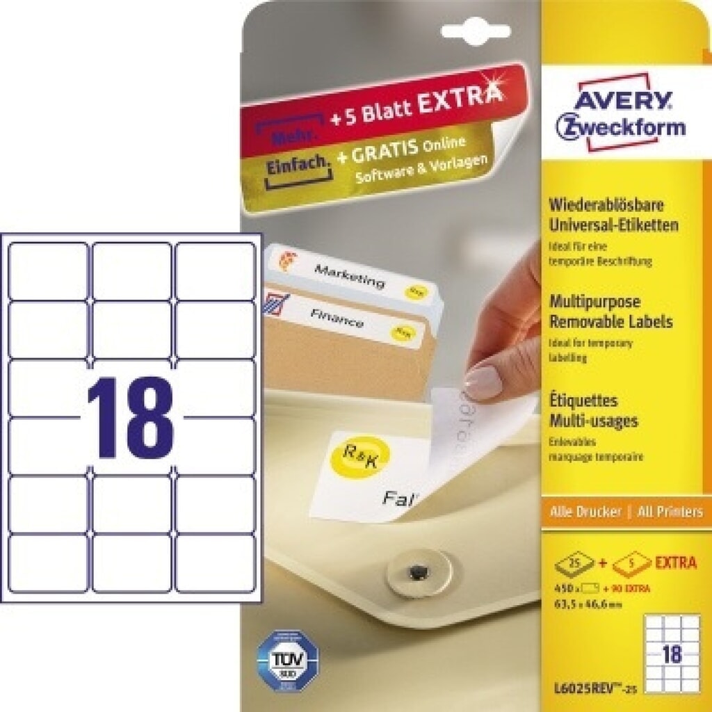 Avery Zweckform Etikett L6025REV-25 63,5x46,6mm weiß 450 St./Pack. Produktabbildung: Avery Zweckform Etikett L6025REV-25 63,5x46,6mm weiß 450 St./Pack.