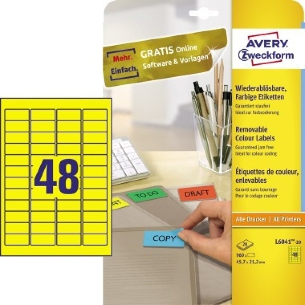 Produktabbildung: Avery Zweckform Etikett L6041-20 45,7x21,2mm gelb 960 St./Pack.