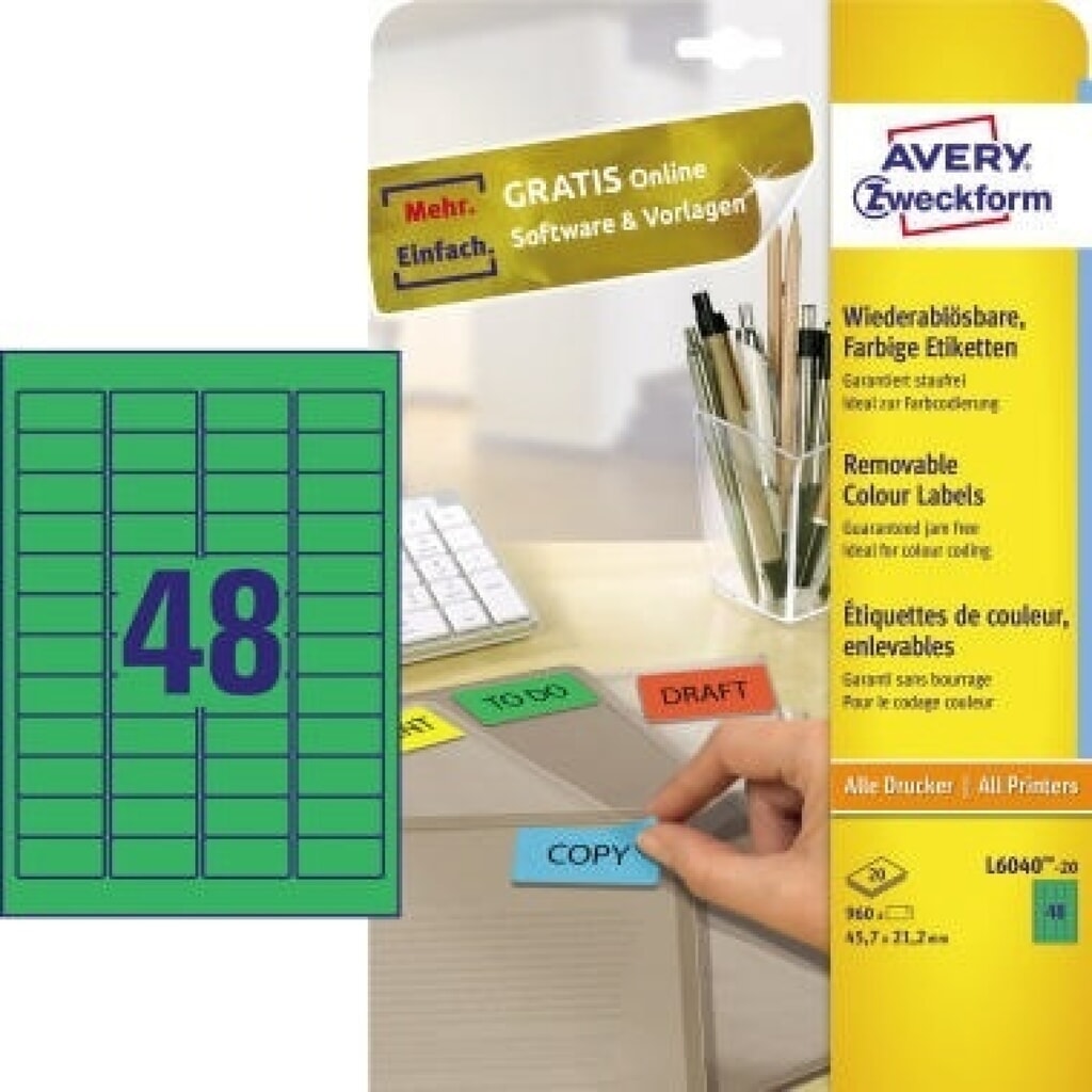 Avery Zweckform Etikett L6040-20 45,7x21,2mm grün 960 St./Pack. Produktabbildung: Avery Zweckform Etikett L6040-20 45,7x21,2mm grün 960 St./Pack.
