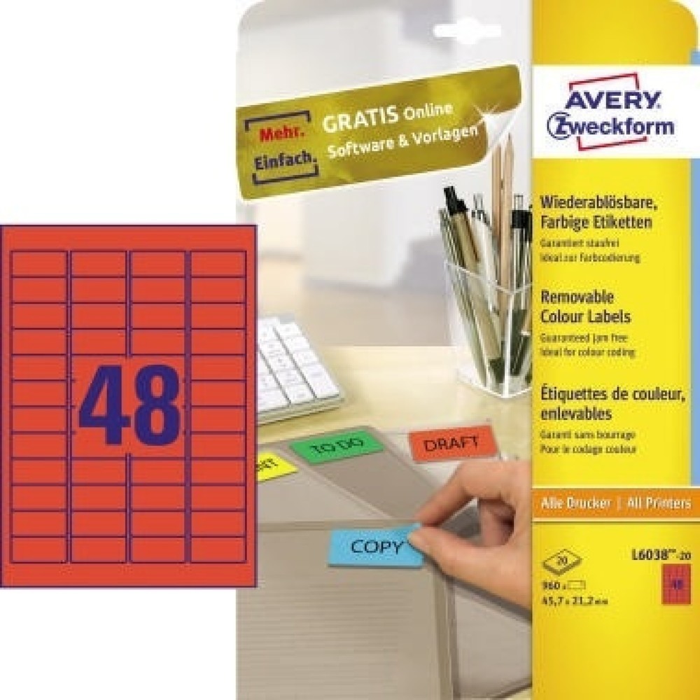 Produktabbildung Nr. 1: Avery Zweckform Etikett L6038-20 45,7x21,2mm rot 960 St./Pack.