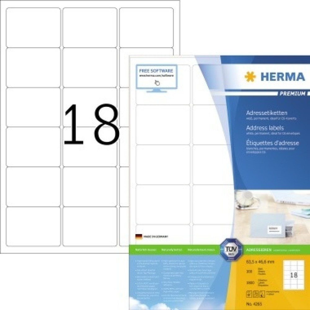 Produktabbildung: HERMA Etikett PREMIUM 4265 63,5x46,6mm weiß 1.800 St./Pack