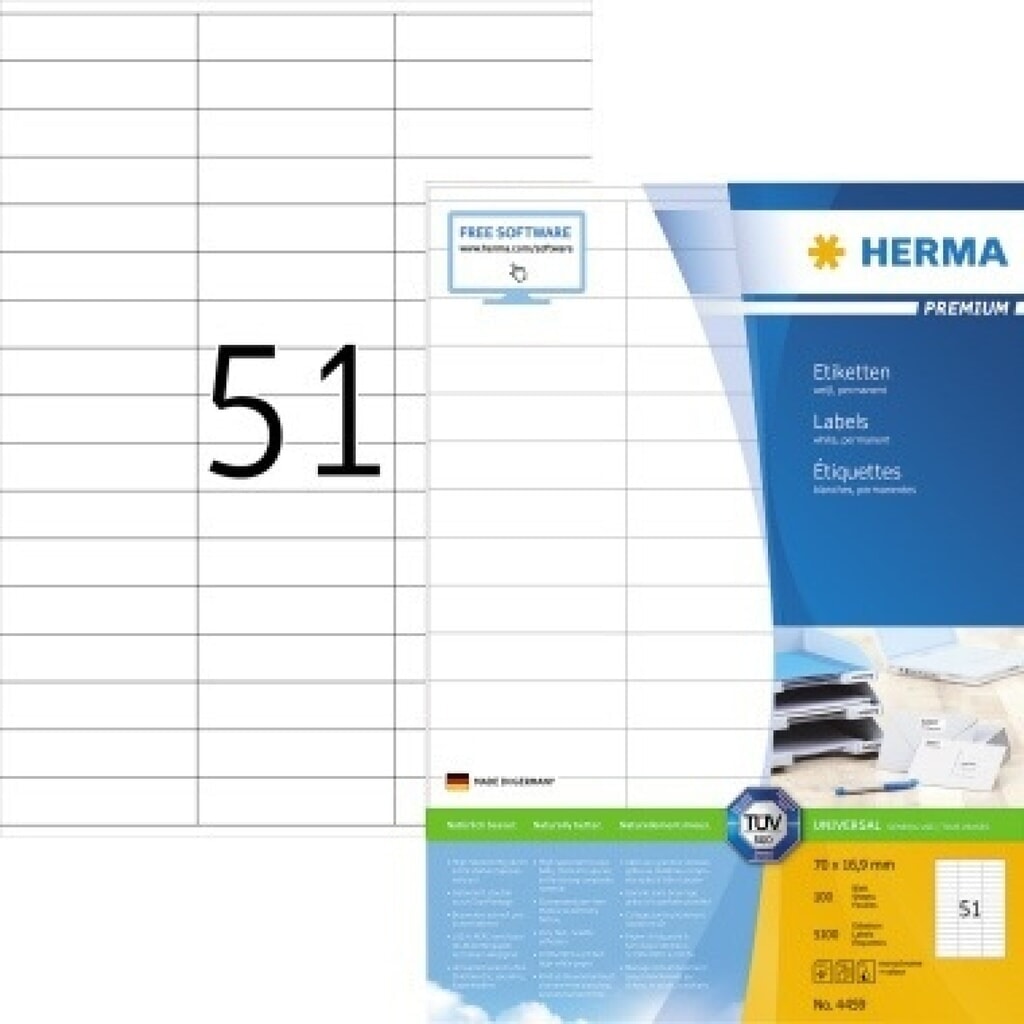 HERMA Etikett PREMIUM 4459 70x16,9mm weiß 5.100 St./Pack. Produktabbildung: HERMA Etikett PREMIUM 4459 70x16,9mm weiß 5.100 St./Pack.