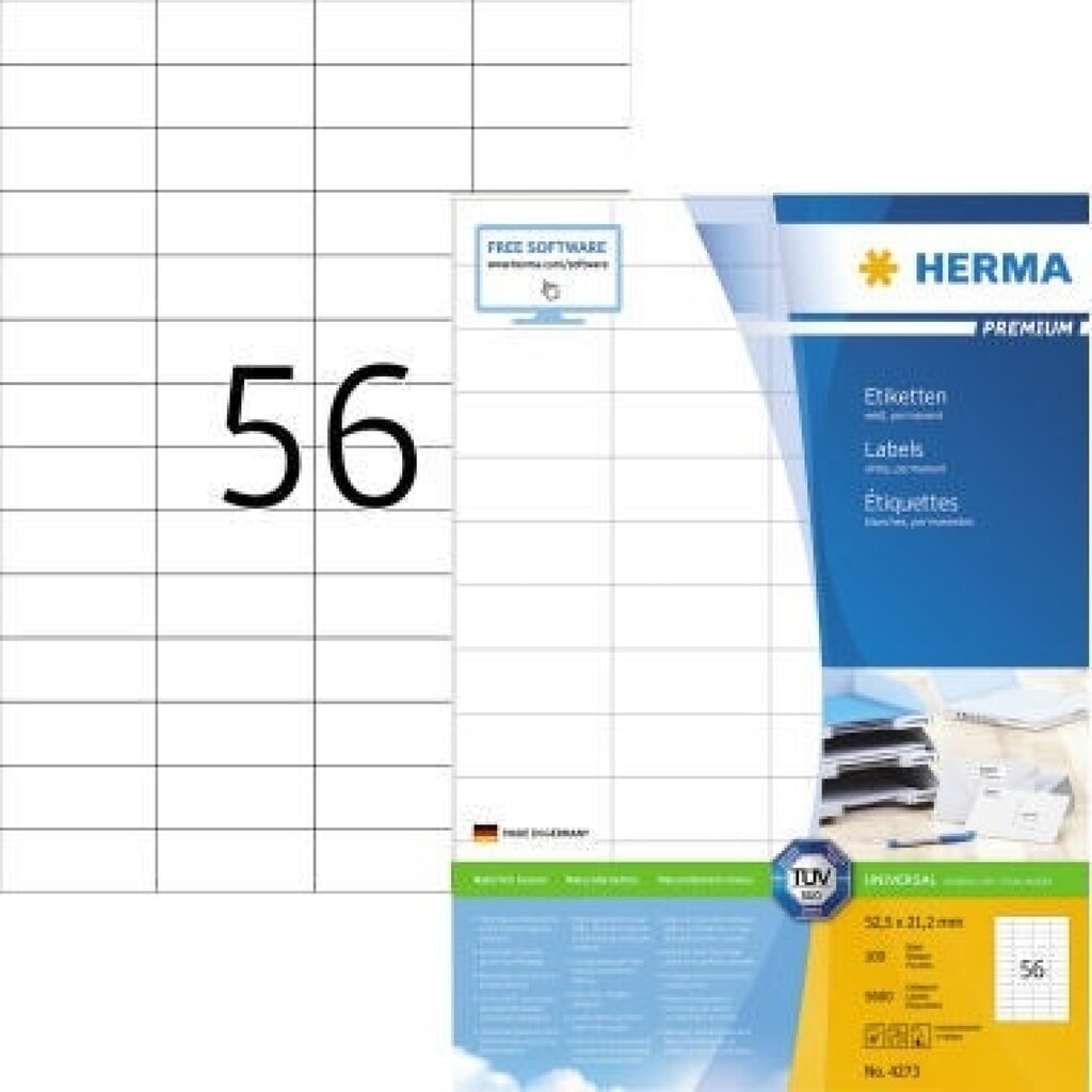 HERMA Etikett Premium 4273 52,5x21,2mm weiß 5.600 St./Pack. Produktabbildung: HERMA Etikett Premium 4273 52,5x21,2mm weiß 5.600 St./Pack.