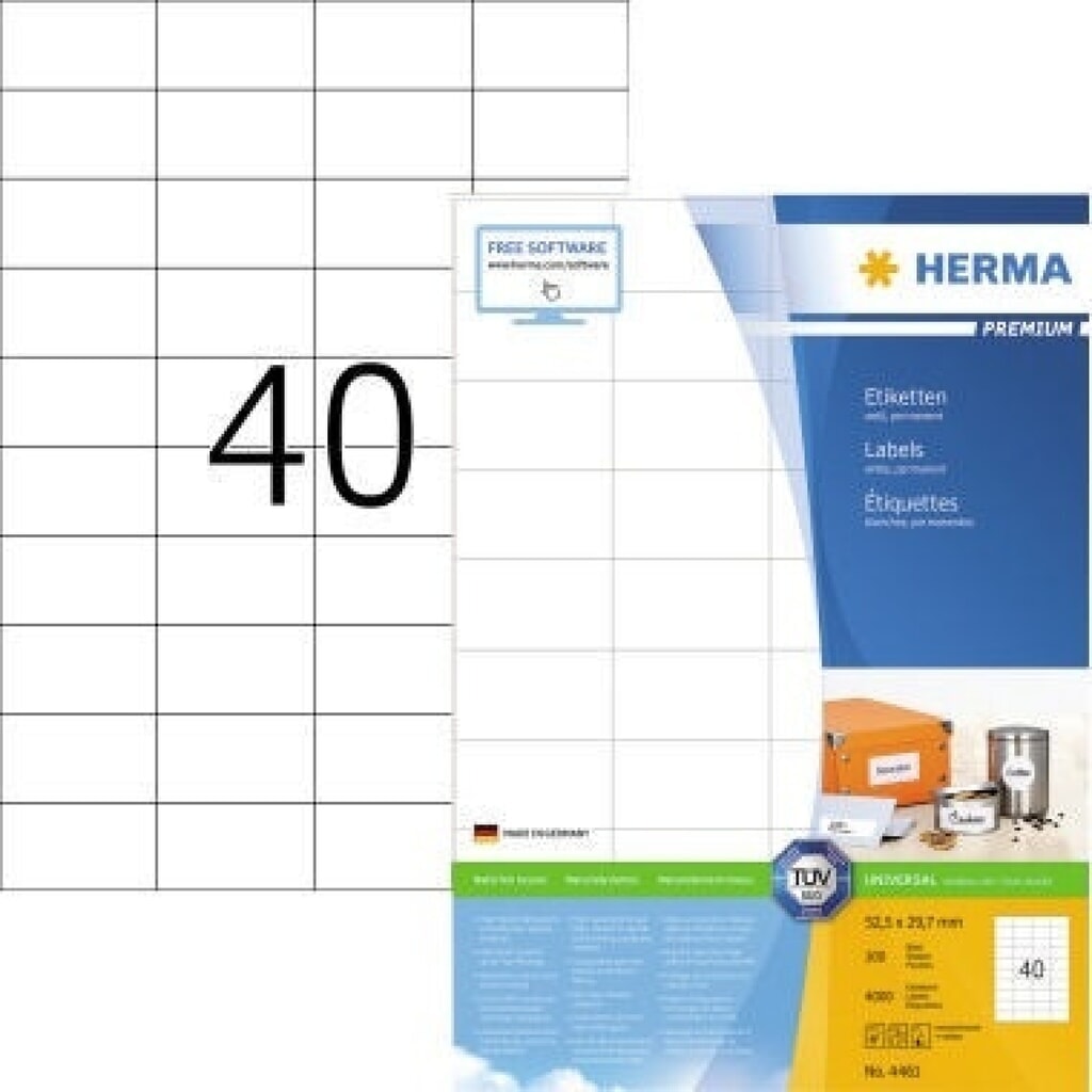 HERMA Etikett PREMIUM 4461 52,5x29,7mm weiß 4.000 Etik./Pack. Produktabbildung: HERMA Etikett PREMIUM 4461 52,5x29,7mm weiß 4.000 Etik./Pack.