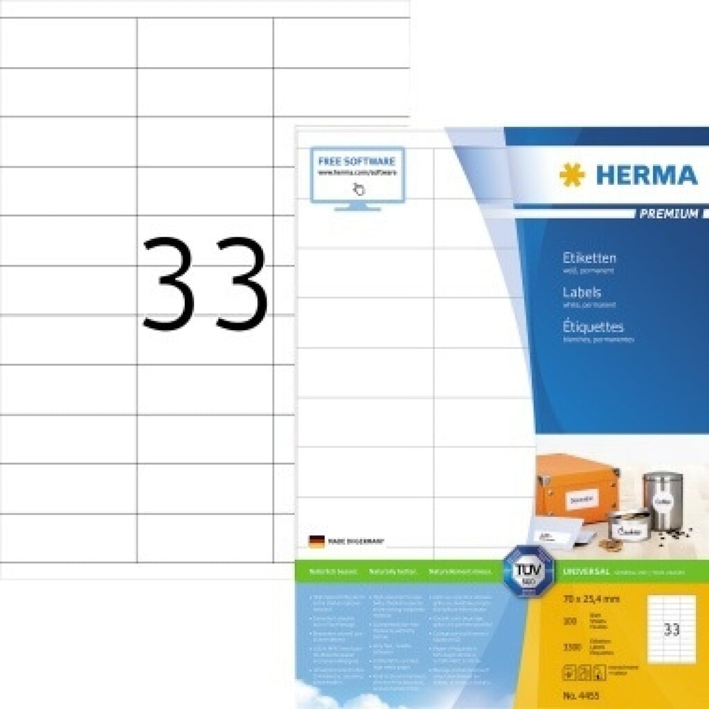 Produktabbildung: HERMA Etikett PREMIUM 4455 70x25,4mm weiß 3.300 St./Pack.