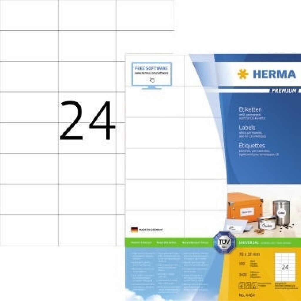 HERMA Etikett PREMIUM 4464 70x37mm weiß 2.400 St./Pack. Produktabbildung: HERMA Etikett PREMIUM 4464 70x37mm weiß 2.400 St./Pack.