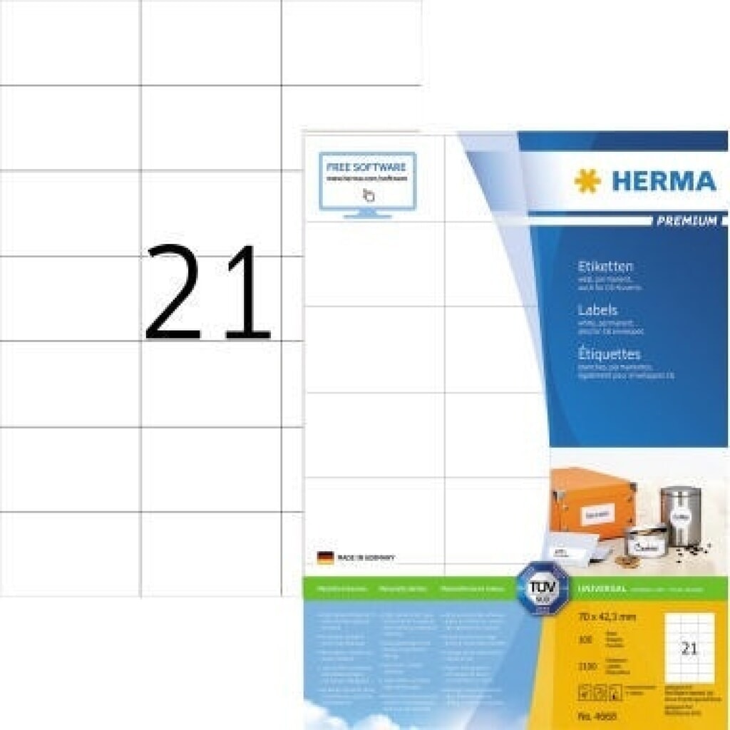HERMA Etikett PREMIUM 4668 70x42,3mm weiß 2.100 St./Pack. Produktabbildung: HERMA Etikett PREMIUM 4668 70x42,3mm weiß 2.100 St./Pack.