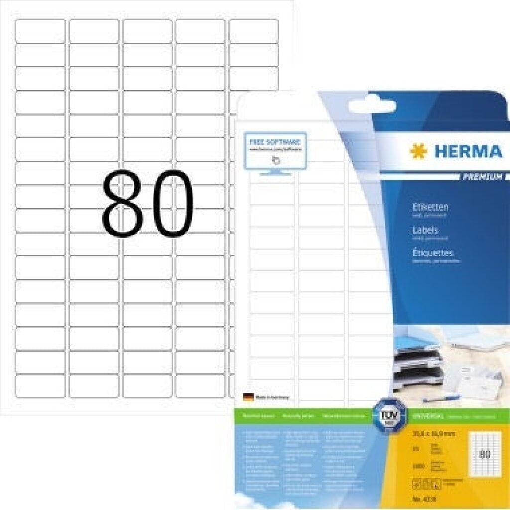 HERMA Etikett PREMIUM 4336 35,6x16,9mm weiß 2.000 St./Pack. Produktabbildung: HERMA Etikett PREMIUM 4336 35,6x16,9mm weiß 2.000 St./Pack.
