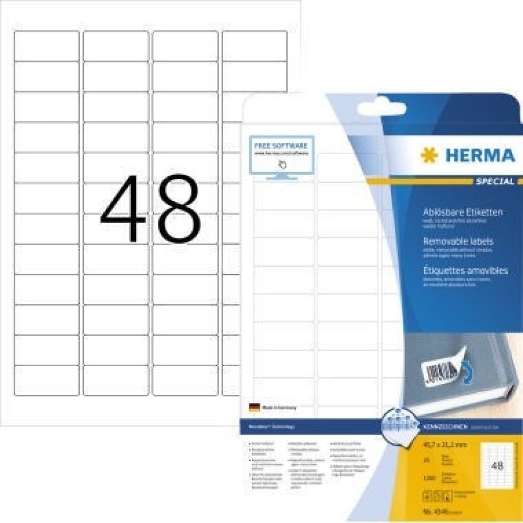 HERMA Etikett 4346 45,7x21,2mm weiß 1.200 St./Pack. Produktabbildung: HERMA Etikett 4346 45,7x21,2mm weiß 1.200 St./Pack.