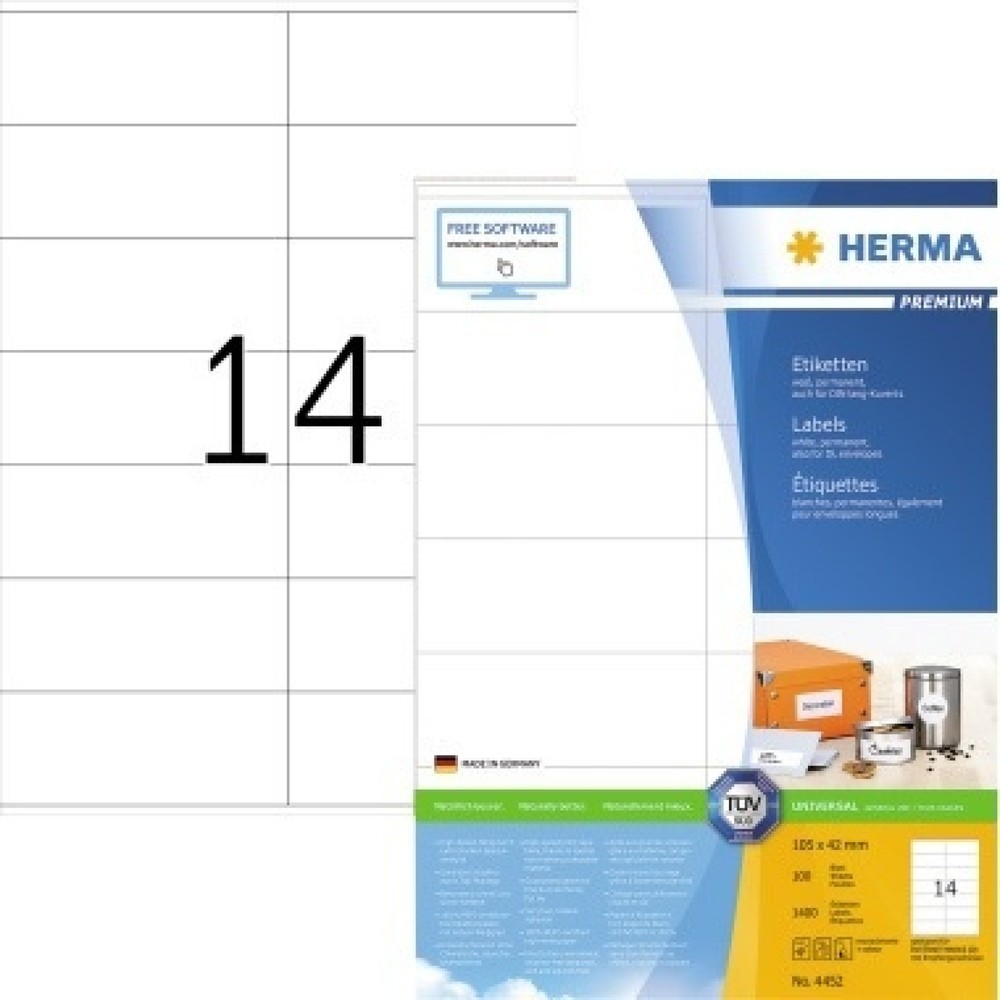 Produktabbildung: HERMA Etikett PREMIUM 4452 105x42mm weiß 1.400 St./Pack.