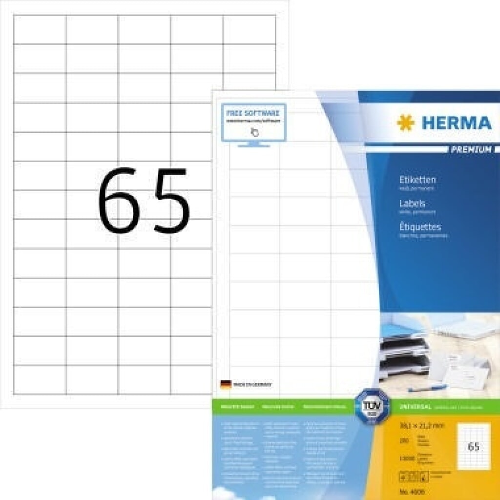 HERMA Etikett PREMIUM 4606 38,1x21,2mm weiß 13.000 St./Pack. Produktabbildung: HERMA Etikett PREMIUM 4606 38,1x21,2mm weiß 13.000 St./Pack.