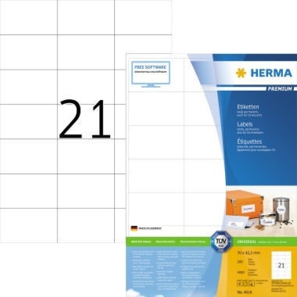 HERMA Etikett PREMIUM 4616 70x42,3mm weiß 4.200 St./Pack. Produktabbildung Nr. 1: HERMA Etikett PREMIUM 4616 70x42,3mm weiß 4.200 St./Pack.