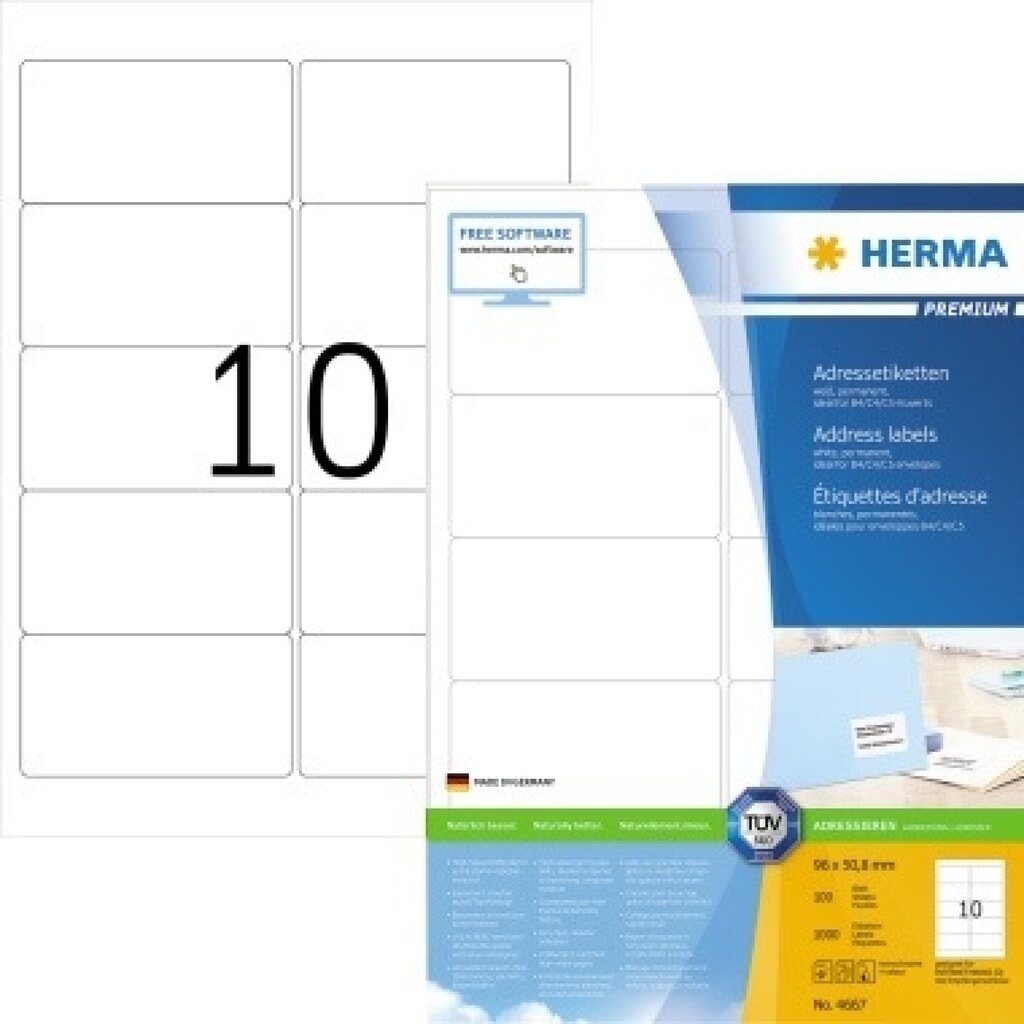 HERMA Adressetikett Premium 4667 96x50,8mm weiß 1.000 St./Pack. Produktabbildung: HERMA Adressetikett Premium 4667 96x50,8mm weiß 1.000 St./Pack.