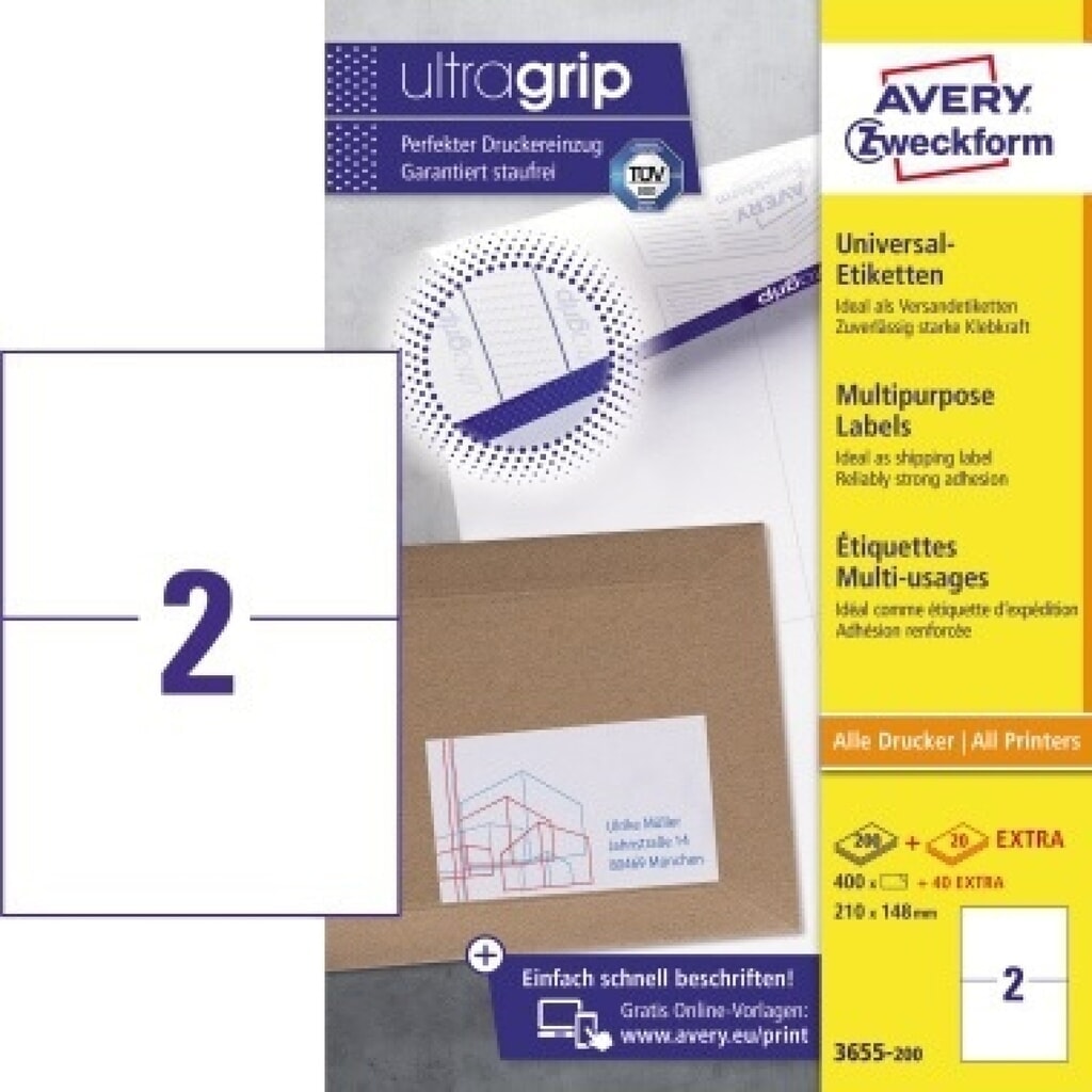 Avery Zweckform Etikett 3655-200 210x148mm weiß 400 St./Pack. Produktabbildung: Avery Zweckform Etikett 3655-200 210x148mm weiß 400 St./Pack.