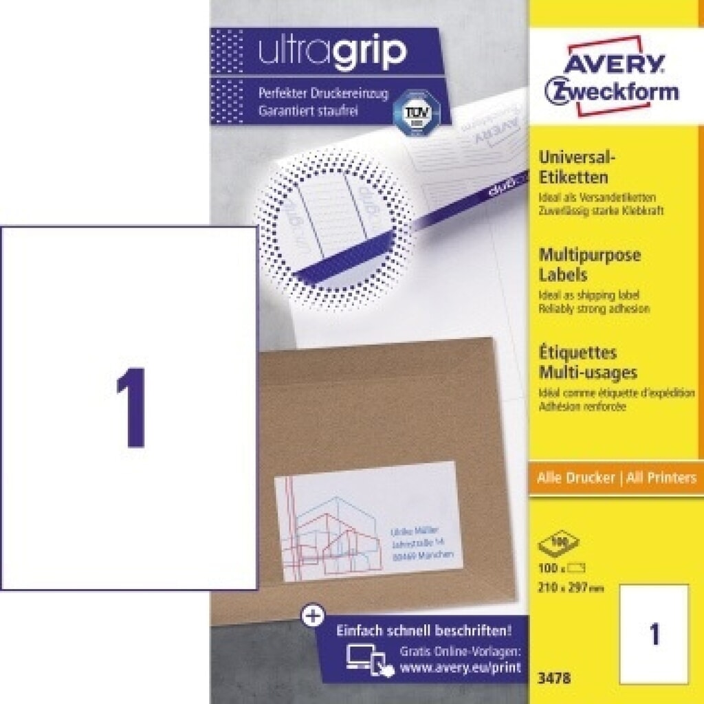 Avery Zweckform Universaletikett 3478 210x297mm weiß 100 St./Pack. Produktabbildung: Avery Zweckform Universaletikett 3478 210x297mm weiß 100 St./Pack.