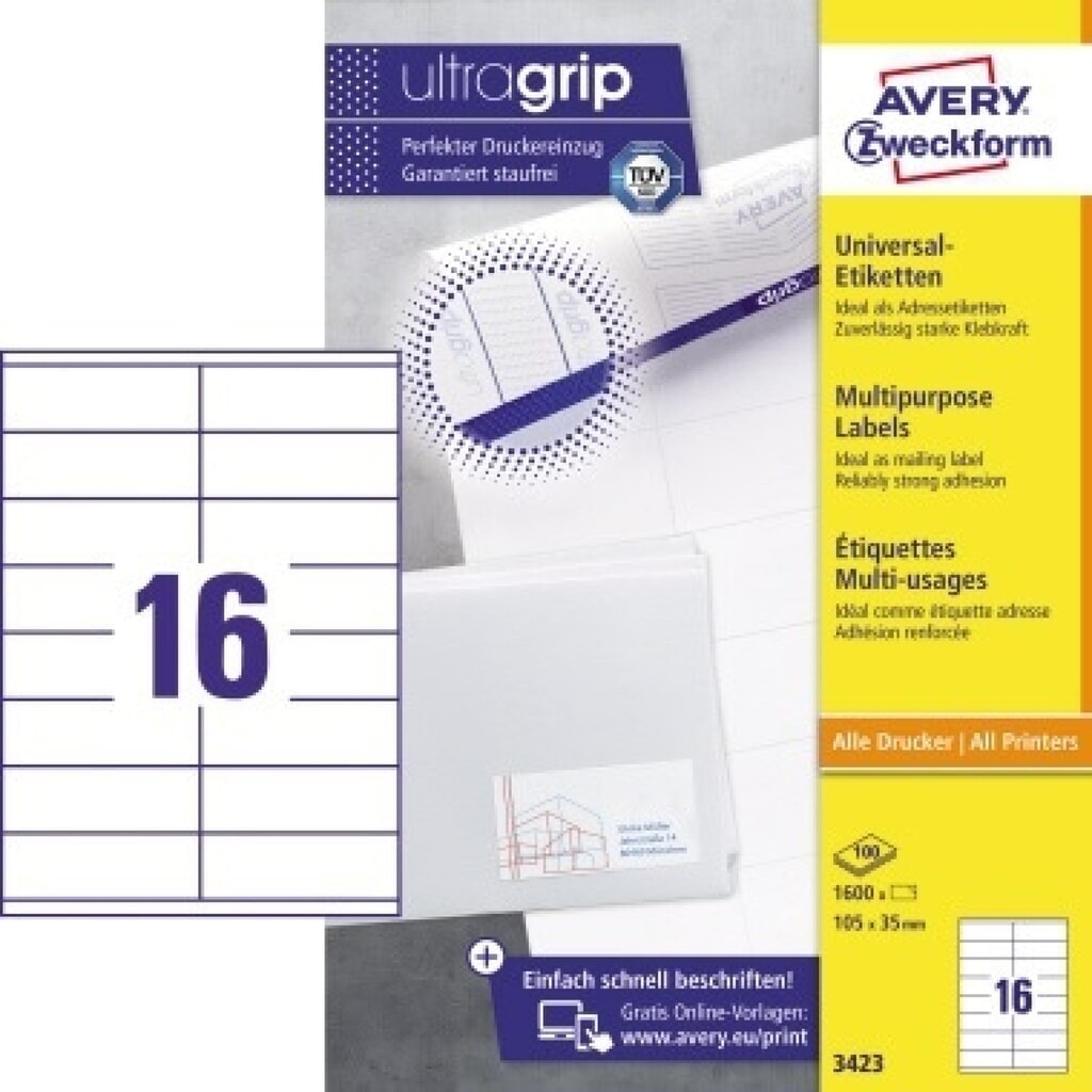 Produktabbildung: Avery Zweckform Universaletikett 3423 105x35mm weiß 1.600 St./Pack.