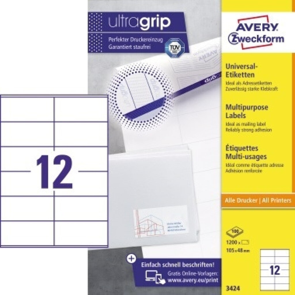 Produktabbildung: Avery Zweckform Universaletikett 3424 105x48mm weiß 1.200 St./Pack.