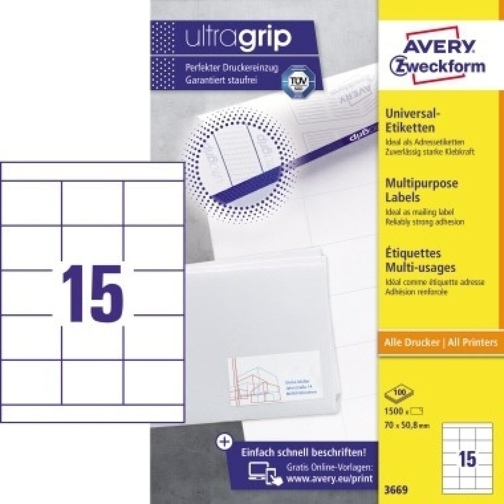 Avery Zweckform Universaletikett 3669 70x50,8mm weiß 1.500 St./Pack. Produktabbildung: Avery Zweckform Universaletikett 3669 70x50,8mm weiß 1.500 St./Pack.