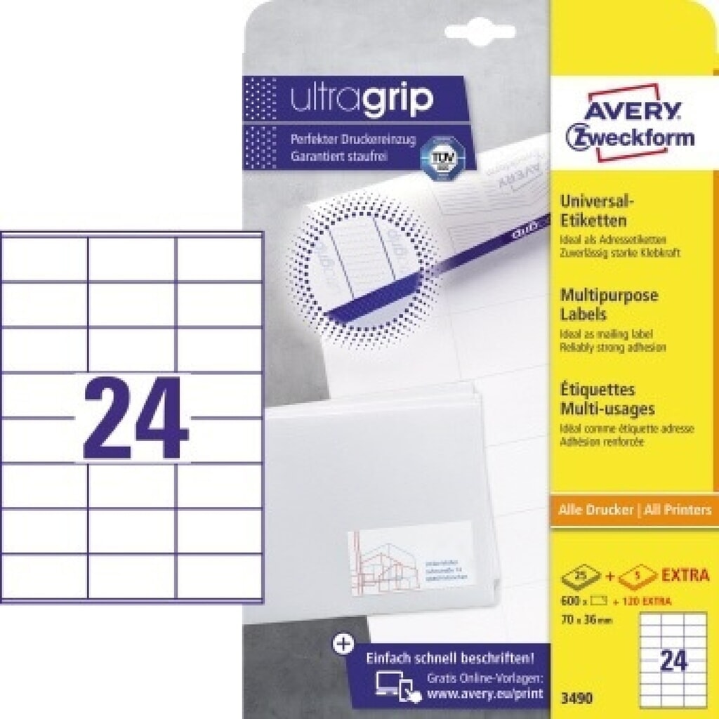 Avery Zweckform Universaletikett 3490 70x36mm weiß 600 St./Pack. Produktabbildung: Avery Zweckform Universaletikett 3490 70x36mm weiß 600 St./Pack.