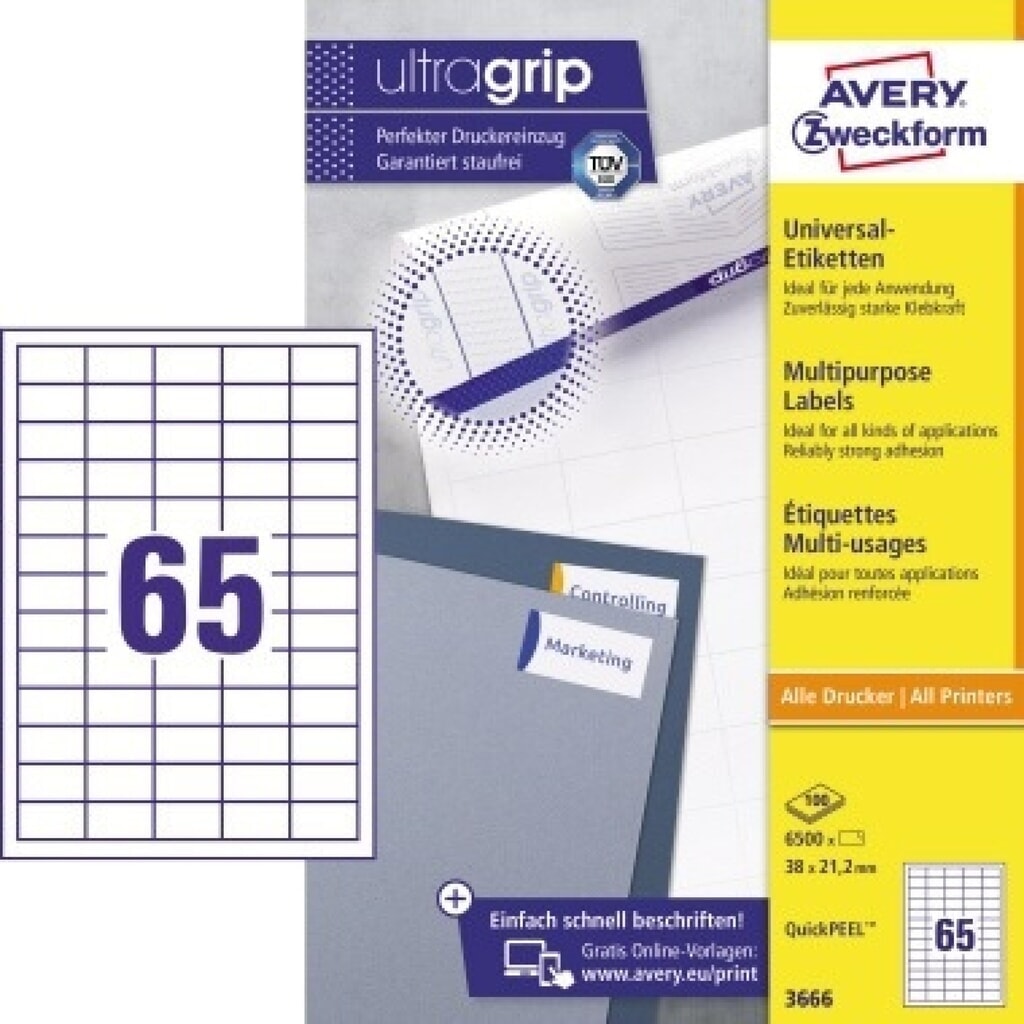 Avery Zweckform Universaletikett 3666 38x21,2mm weiß 6.500 St./Pack. Produktabbildung: Avery Zweckform Universaletikett 3666 38x21,2mm weiß 6.500 St./Pack.