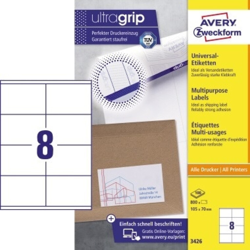 Avery Zweckform Universaletikett 3426 105x70mm weiß 800 St./Pack. Produktabbildung: Avery Zweckform Universaletikett 3426 105x70mm weiß 800 St./Pack.