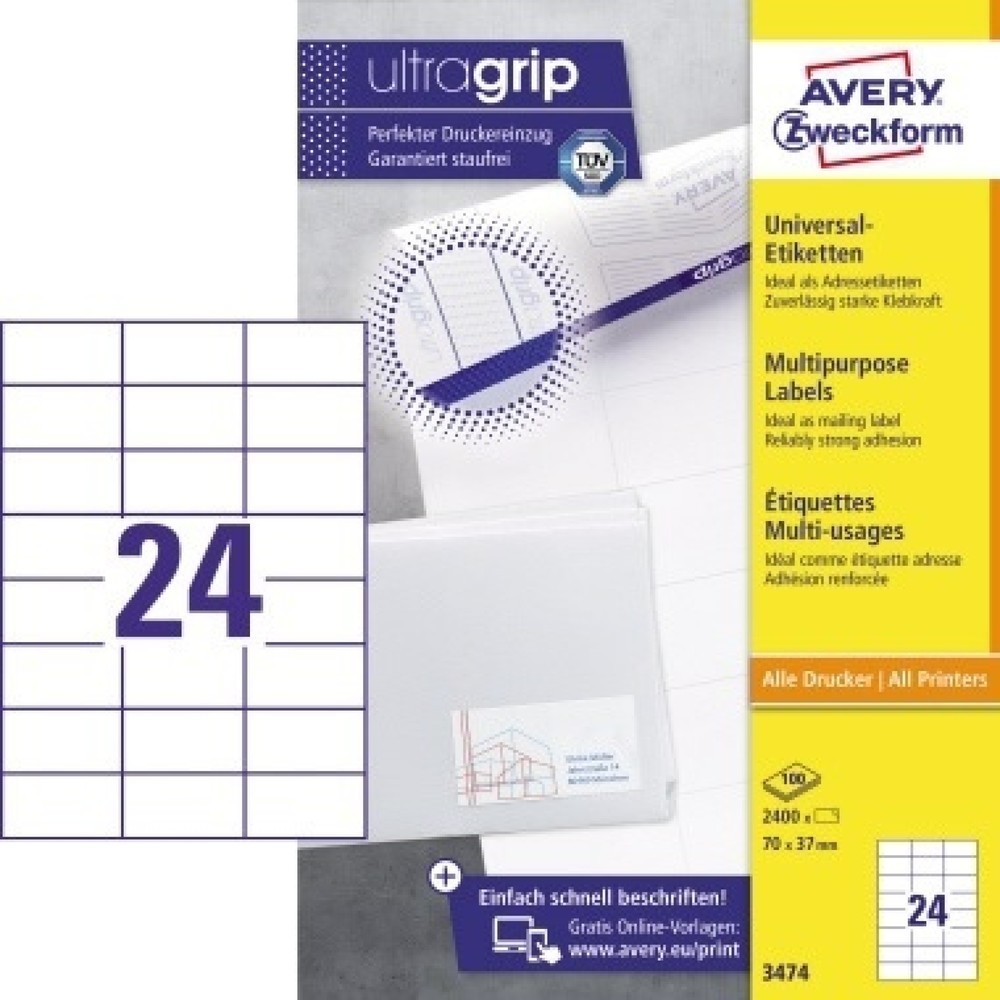 Produktabbildung Nr. 1: Avery Zweckform Universaletikett 3474 70x37mm weiß 2.400 St./Pack.