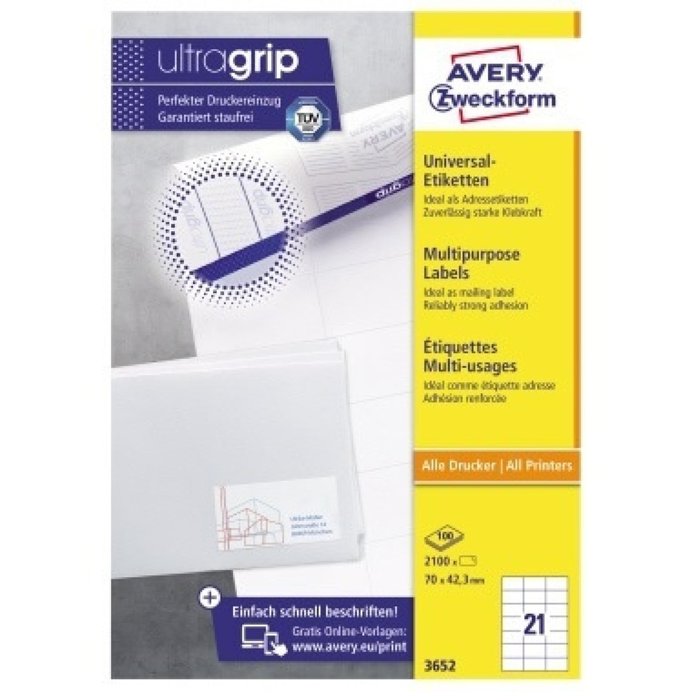 Produktabbildung Nr. 1: Avery Zweckform Universaletikett 3652 70x42,3mm weiß 2.100 St./Pack.