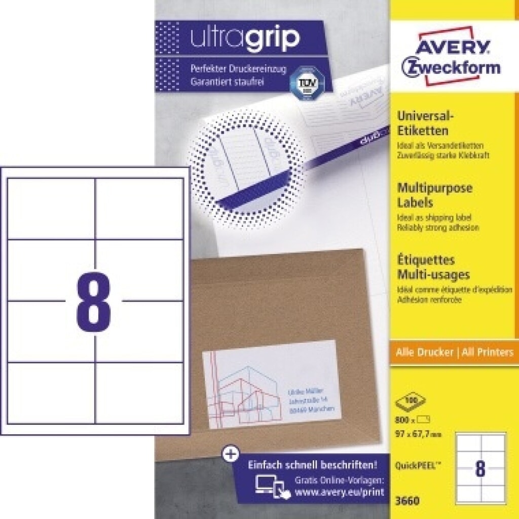 Avery Zweckform Universaletikett 3660 97x67,7mm weiß 800 St./Pack. Produktabbildung: Avery Zweckform Universaletikett 3660 97x67,7mm weiß 800 St./Pack.